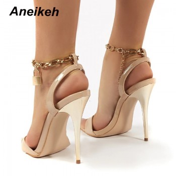 Aneikeh 2021 Summer Thin High Heels Women's Shoes Fashion Sexy Metal Decoratio Cross-Tied Retro Patchwork Head Peep Toe Sandals